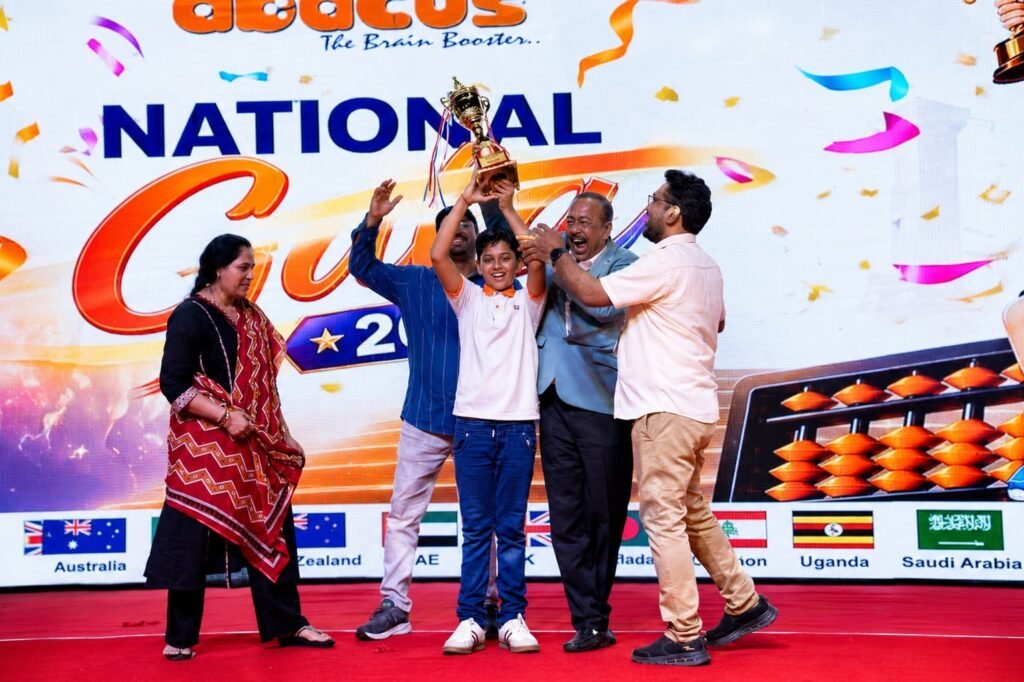 Mastermind Abacus students holding trophies at the National Gala 2026